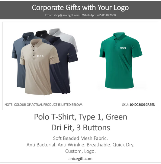 Polo T-Shirt, Type 1, Green | Dri Fit, 3 Buttons