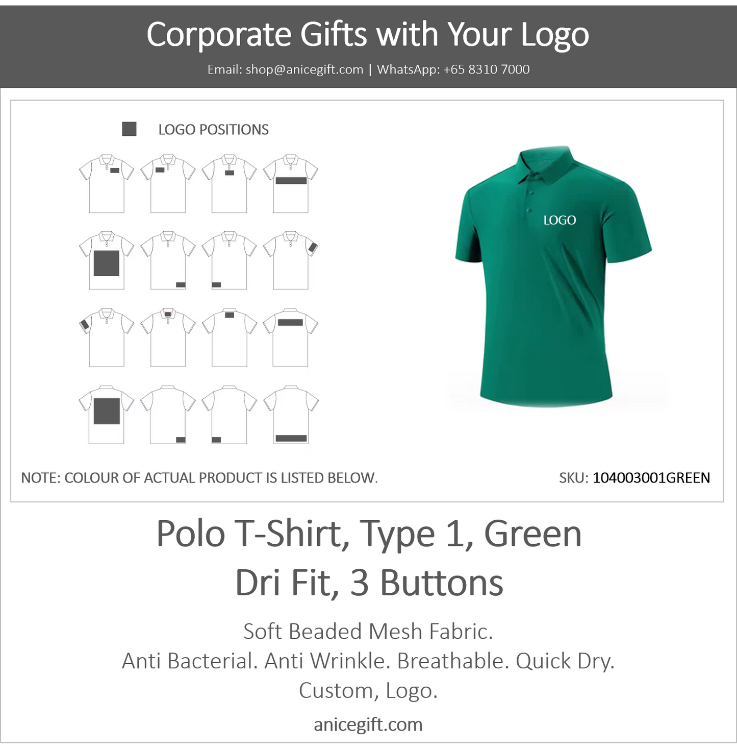 Polo T-Shirt, Type 1, Green | Dri Fit, 3 Buttons