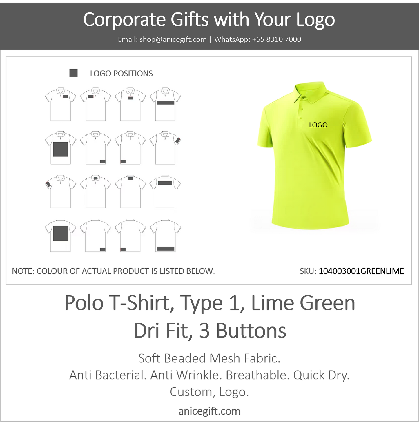 Polo T-Shirt, Type 1, Lime Green | Dri Fit, 3 Buttons