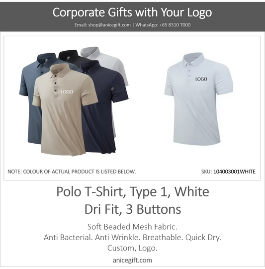 Polo T-Shirt, Type 1, White | Dri Fit, 3 Buttons