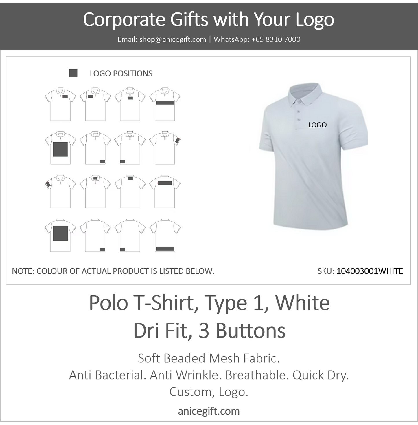 Polo T-Shirt, Type 1, White | Dri Fit, 3 Buttons
