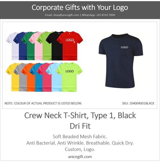Crew Neck T-Shirt, Type 1, Black | Dri Fit