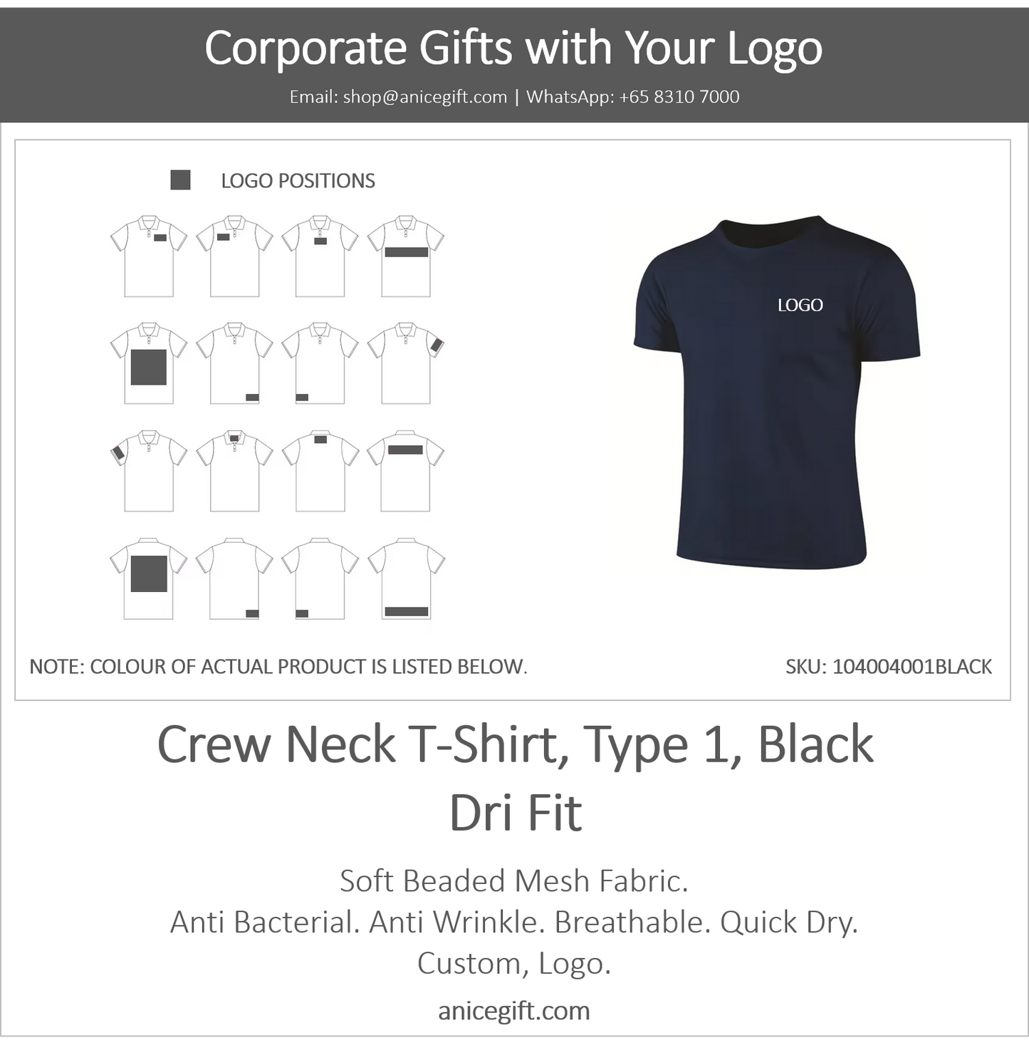 Crew Neck T-Shirt, Type 1, Black | Dri Fit