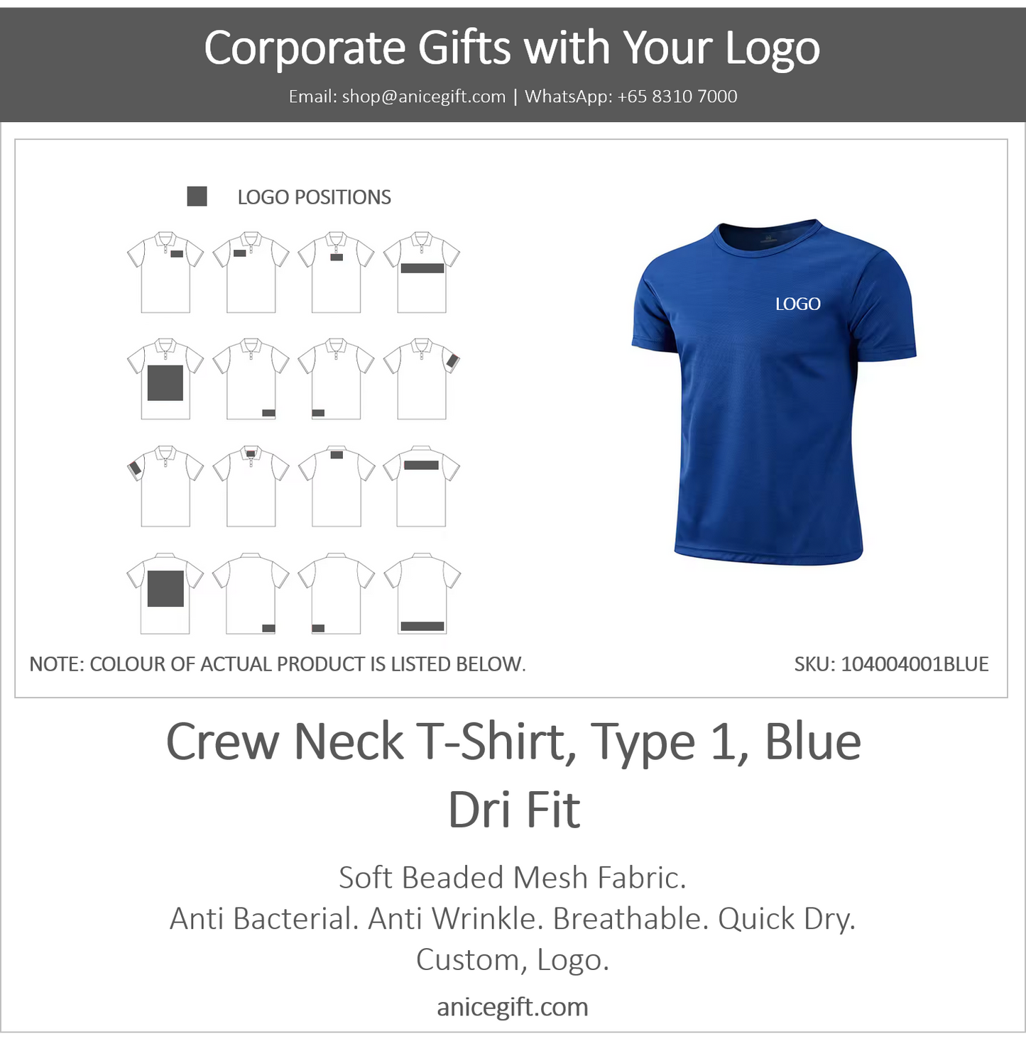 Crew Neck T-Shirt, Type 1, Blue | Dri Fit
