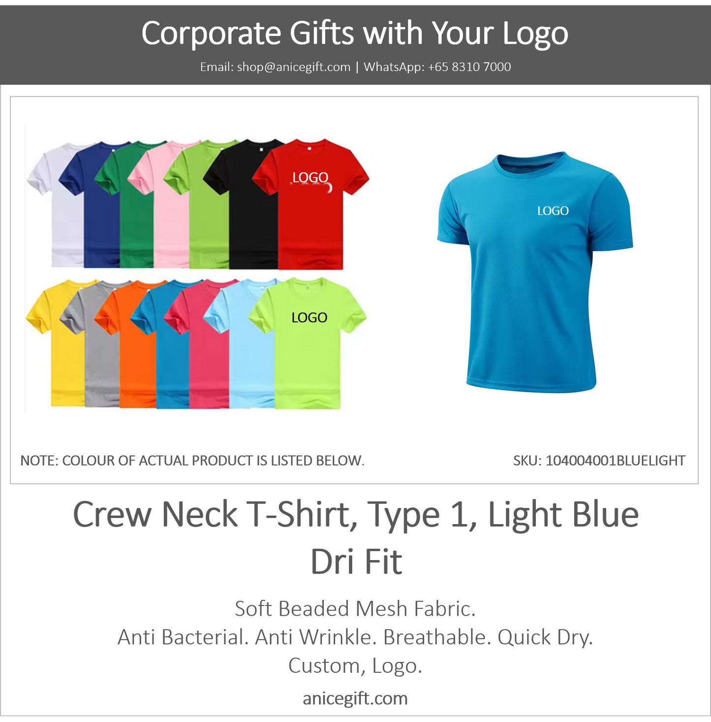 Crew Neck T-Shirt, Type 1, Light Blue | Dri Fit