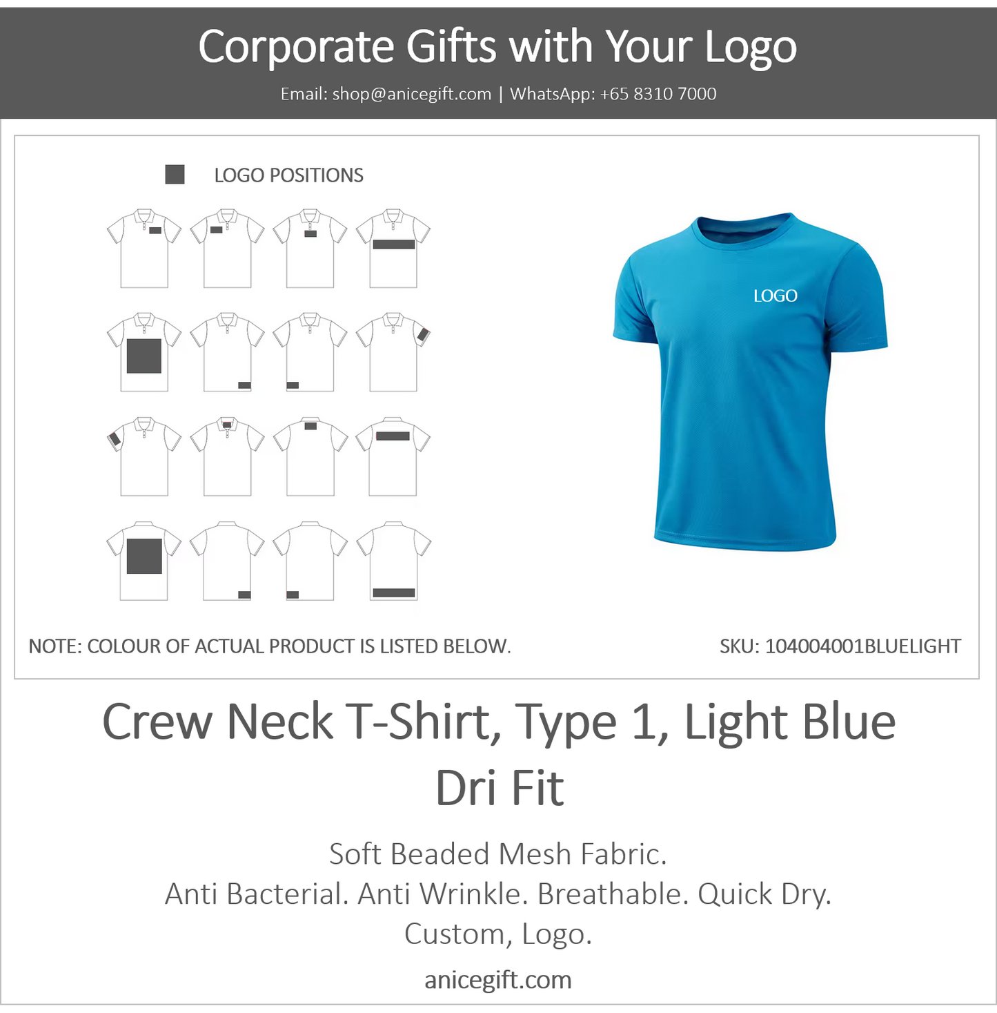Crew Neck T-Shirt, Type 1, Light Blue | Dri Fit