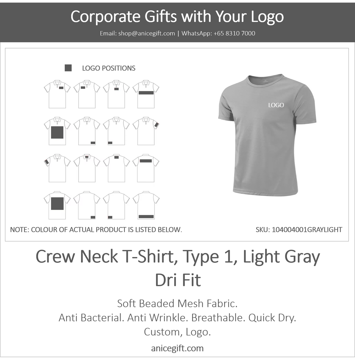 Crew Neck T-Shirt, Type 1, Light Gray | Dri Fit