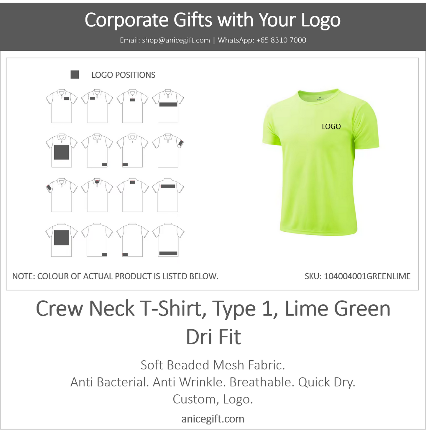 Crew Neck T-Shirt, Type 1, Lime Green | Dri Fit