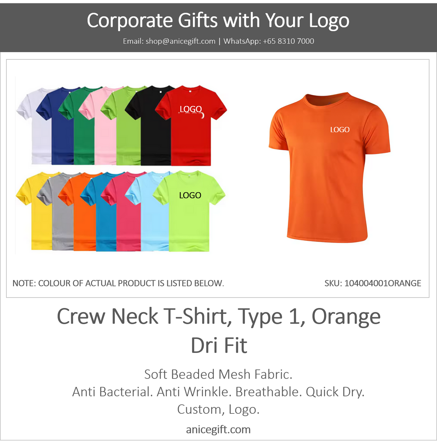 Crew Neck T-Shirt, Type 1, Orange | Dri Fit