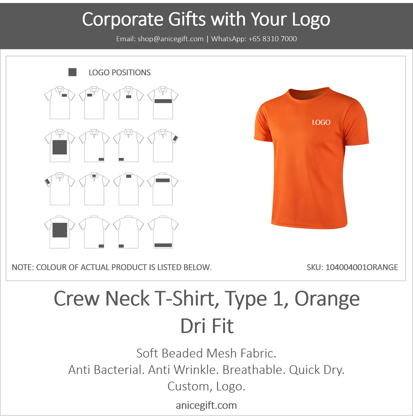 Crew Neck T-Shirt, Type 1, Orange | Dri Fit
