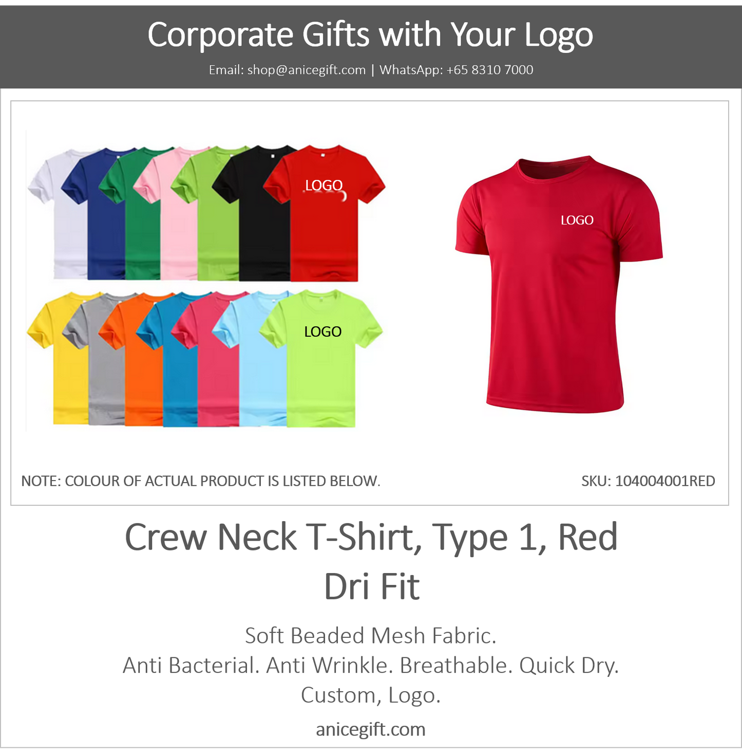 Crew Neck T-Shirt, Type 1, Red | Dri Fit