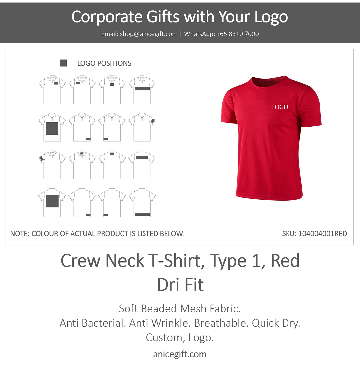 Crew Neck T-Shirt, Type 1, Red | Dri Fit