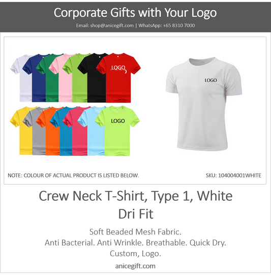 Crew Neck T-Shirt, Type 1, White | Dri Fit