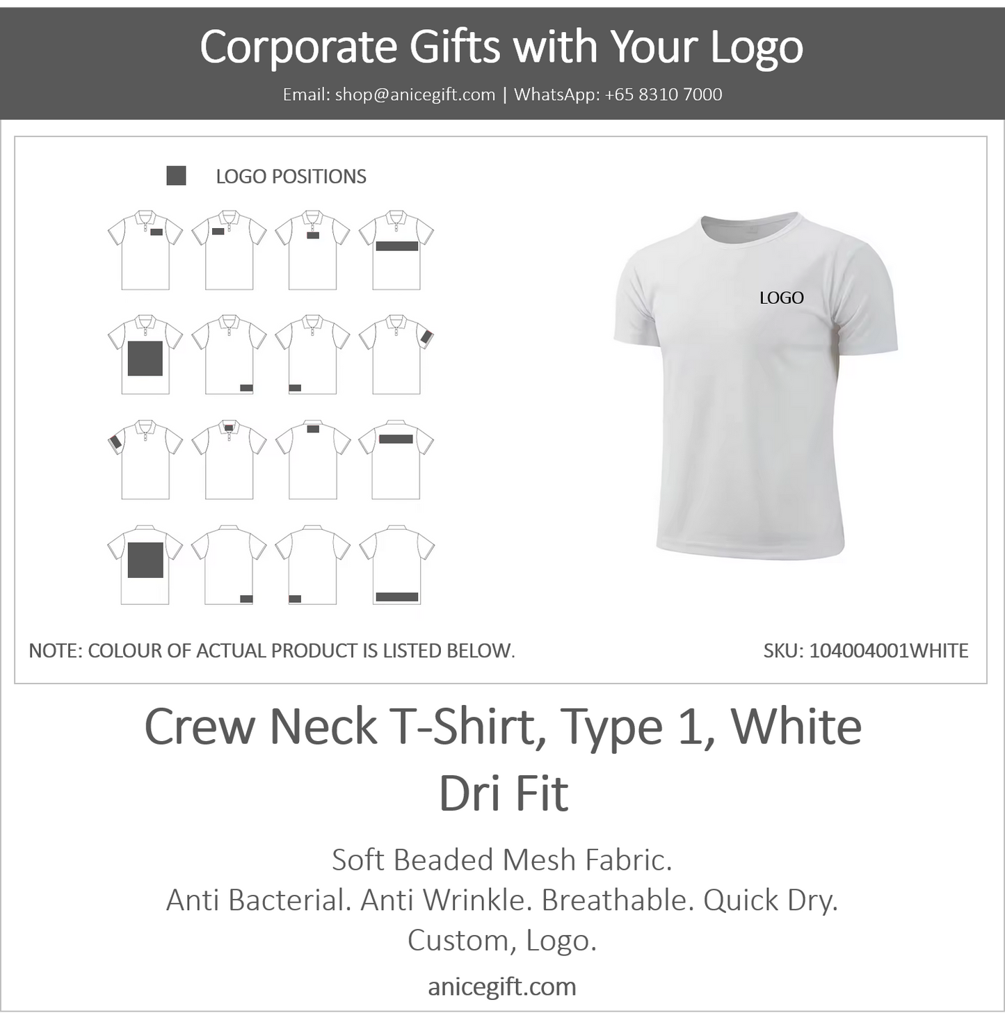 Crew Neck T-Shirt, Type 1, White | Dri Fit