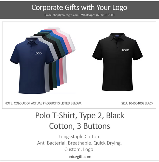 Polo T-Shirt, Type 2, Black | Cotton, 3 Buttons