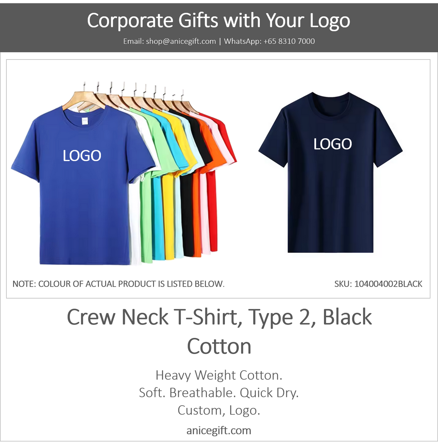Crew Neck T-Shirt, Type 2, Black | Cotton