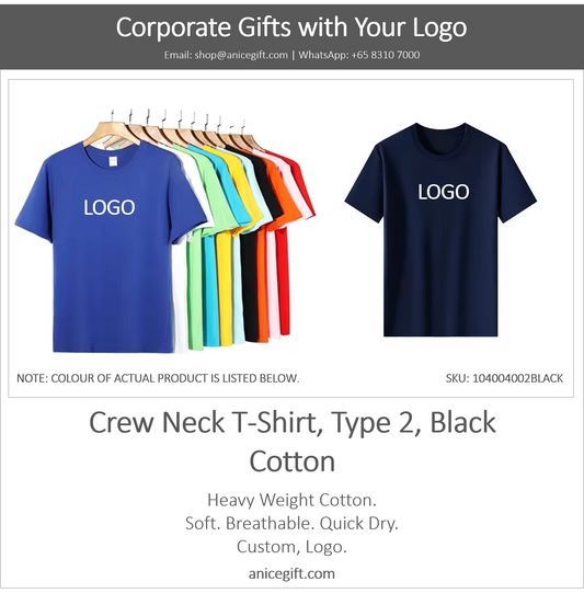 Crew Neck T-Shirt, Type 2, Black | Cotton