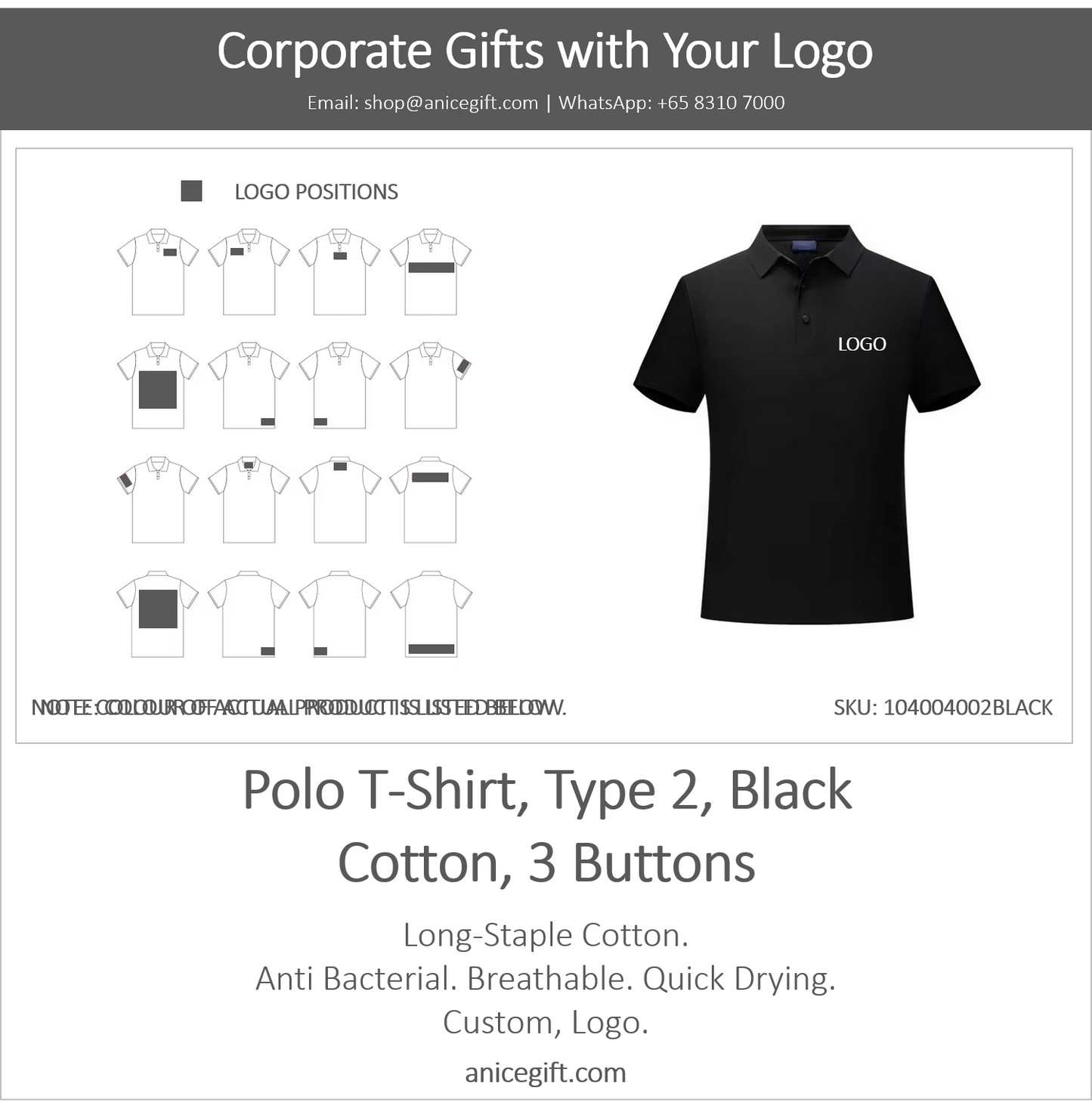 Polo T-Shirt, Type 2, Black | Cotton, 3 Buttons