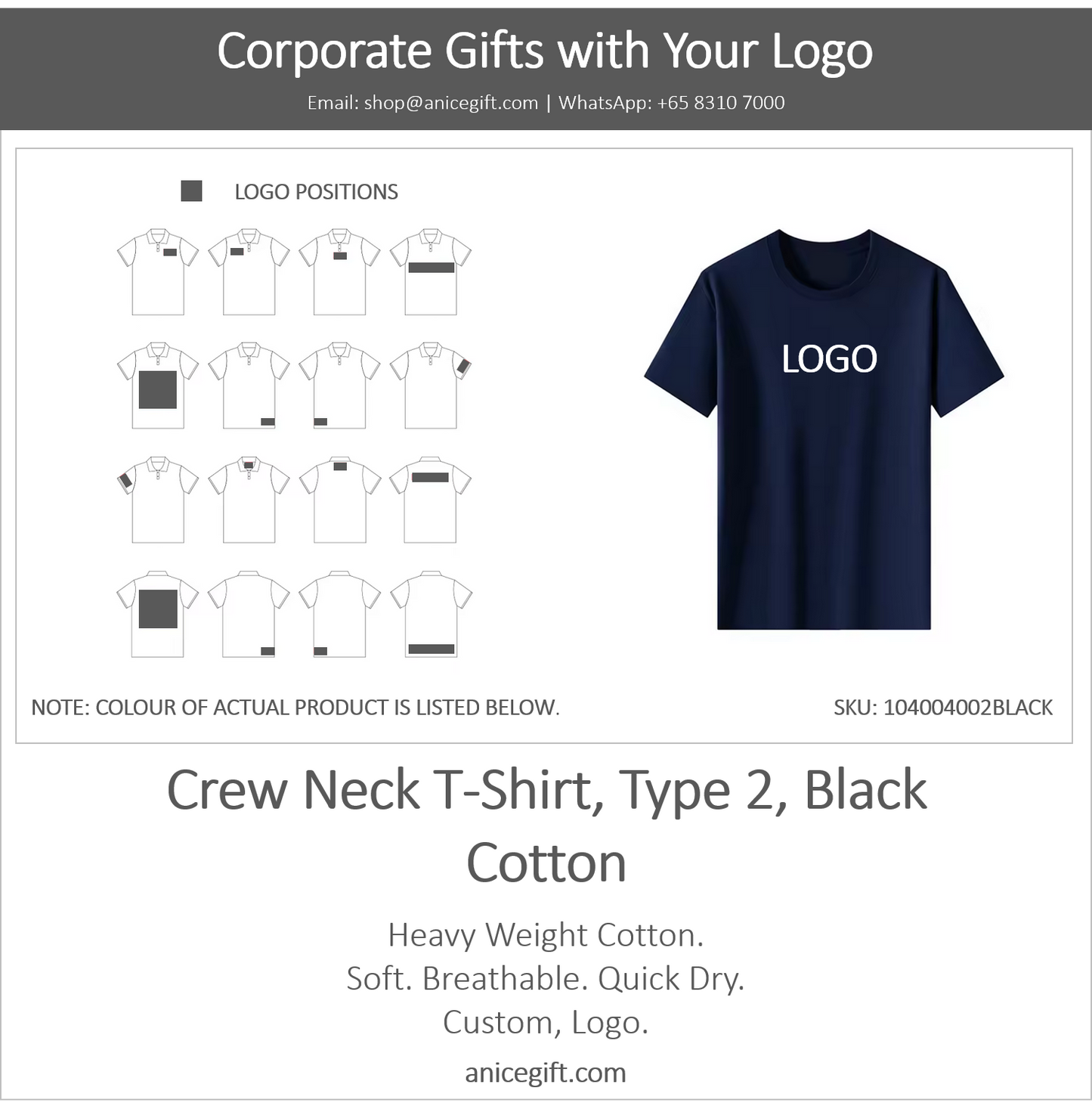 Crew Neck T-Shirt, Type 2, Black | Cotton