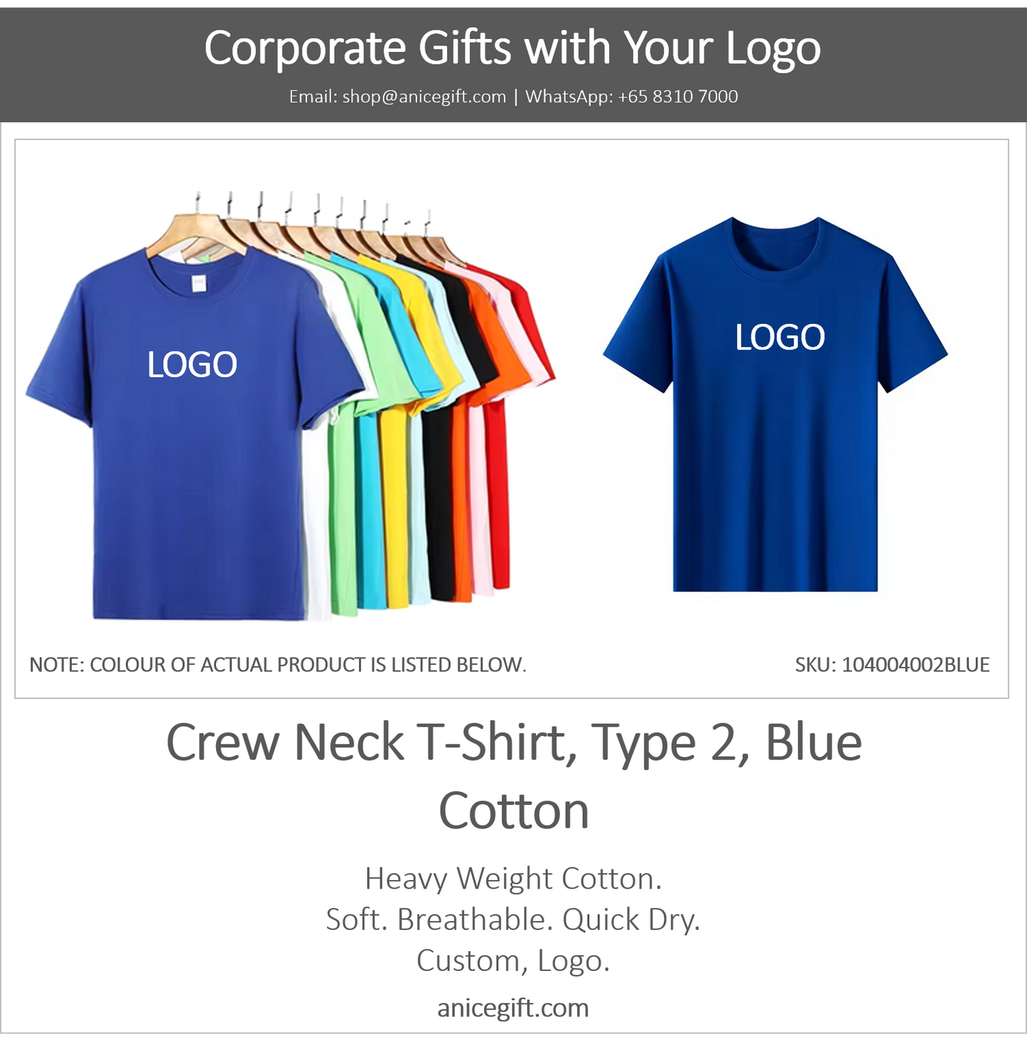Crew Neck T-Shirt, Type 2, Blue | Cotton