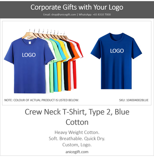 Crew Neck T-Shirt, Type 2, Blue | Cotton