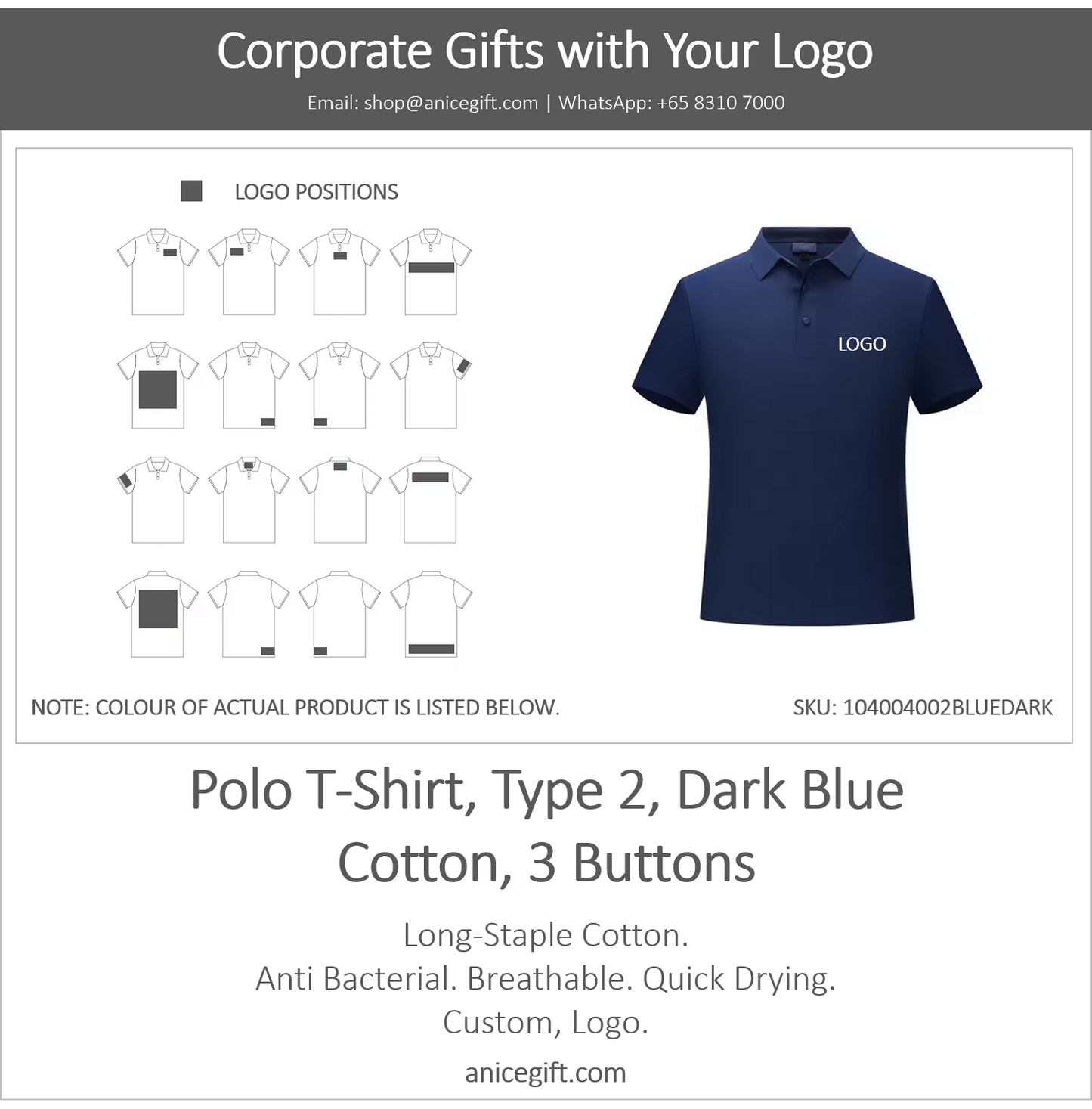 Polo T-Shirt, Type 2, Dark Blue | Cotton, 3 Buttons