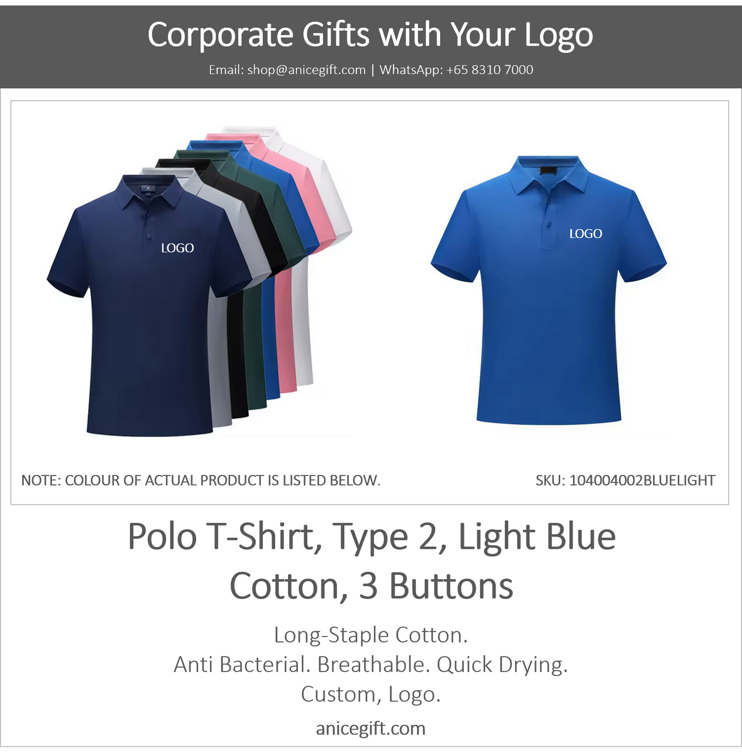 Polo T-Shirt, Type 2, Light Blue | Cotton, 3 Buttons