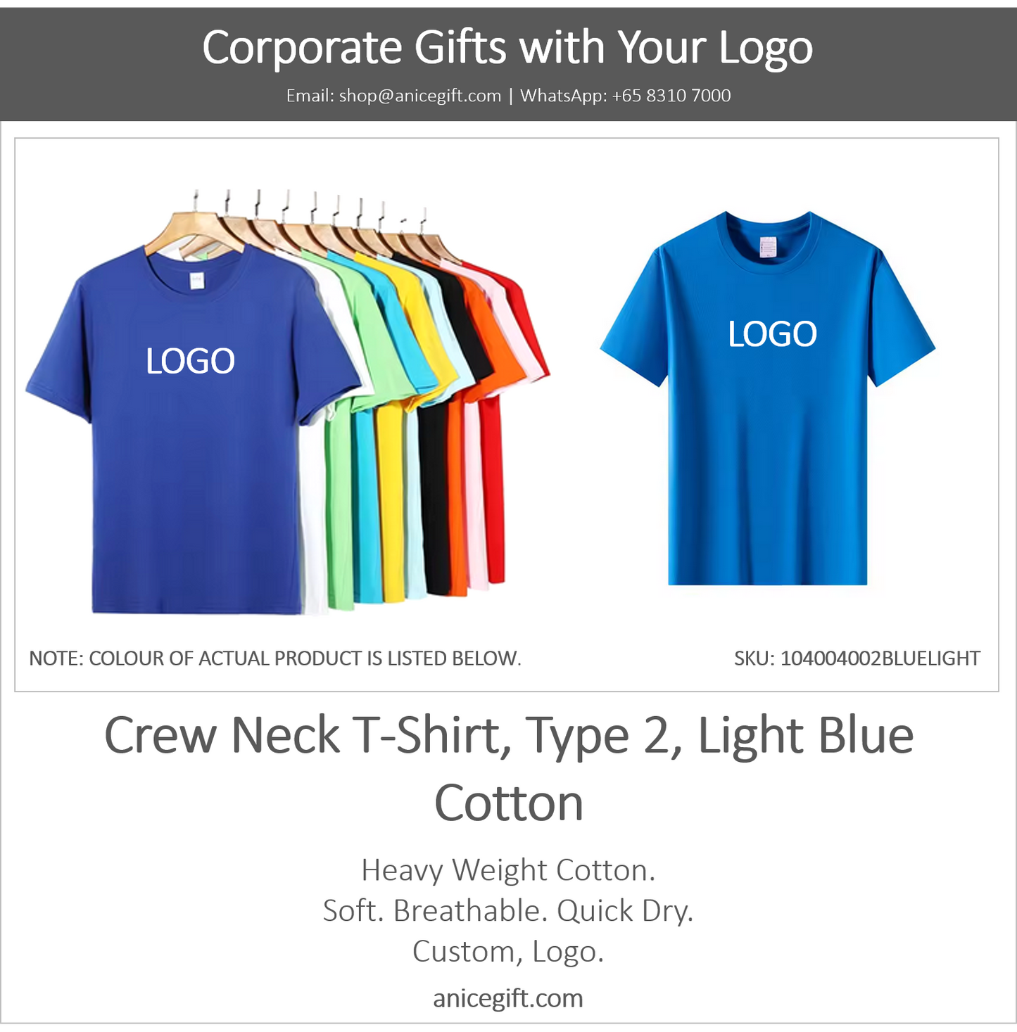 Crew Neck T-Shirt, Type 2, Light Blue | Cotton