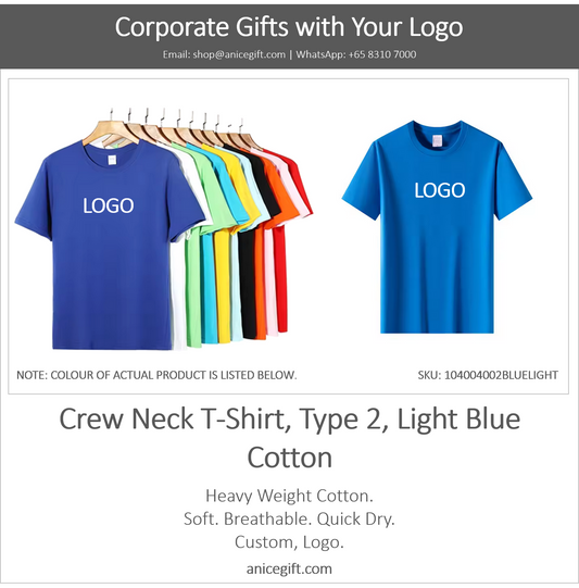Crew Neck T-Shirt, Type 2, Light Blue | Cotton