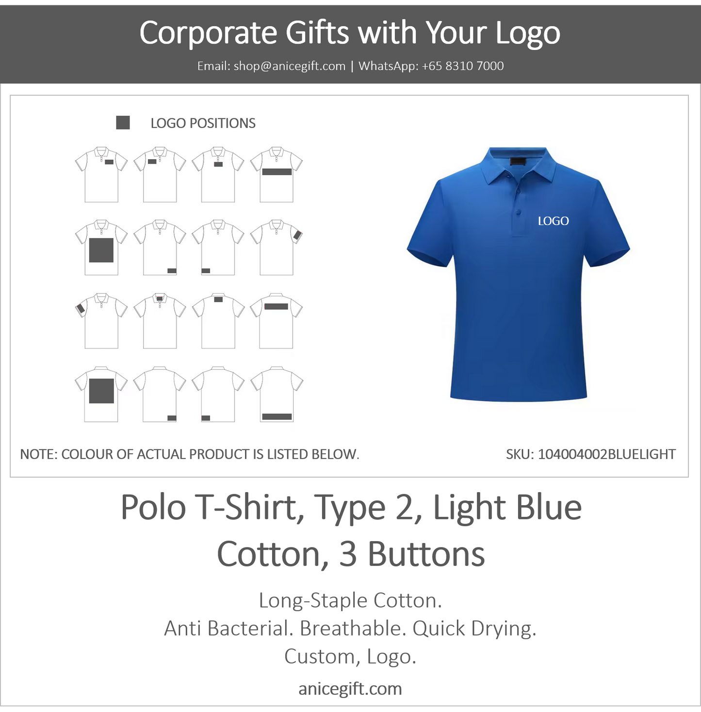 Polo T-Shirt, Type 2, Light Blue | Cotton, 3 Buttons