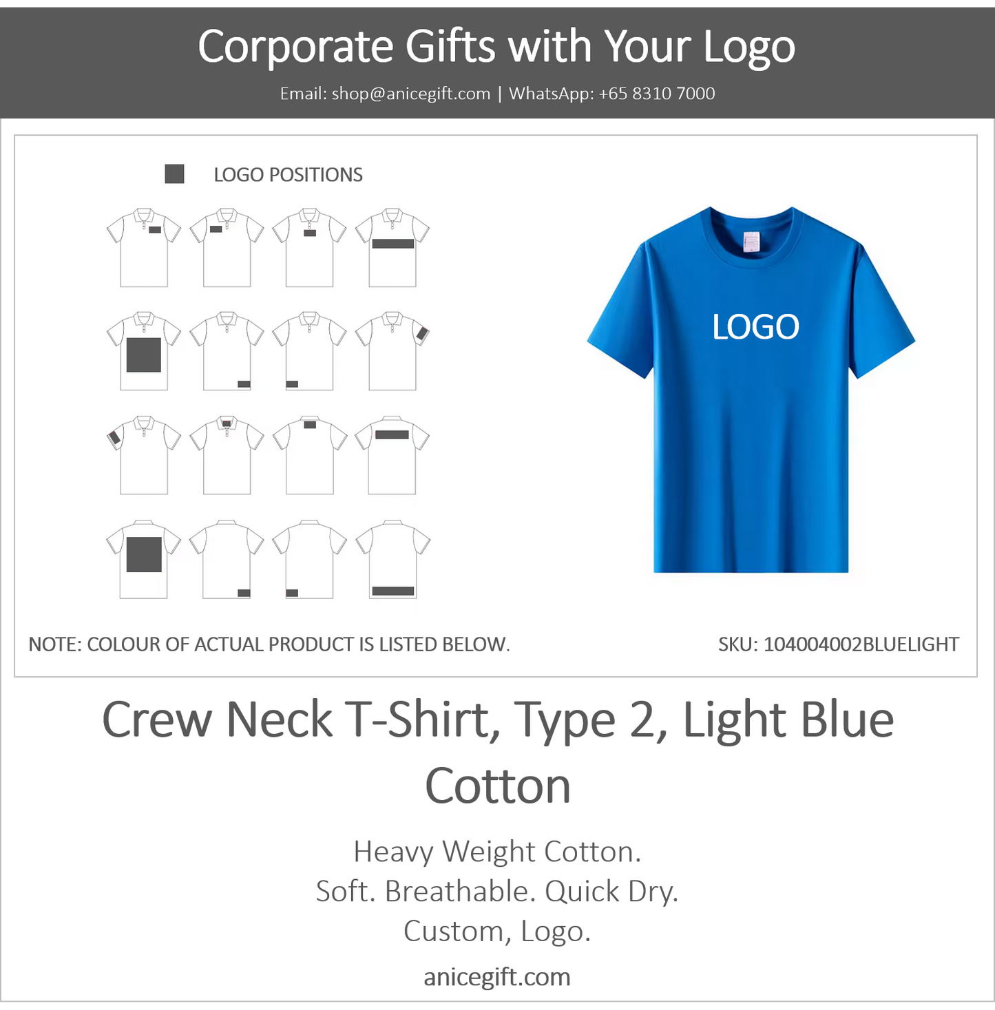 Crew Neck T-Shirt, Type 2, Light Blue | Cotton