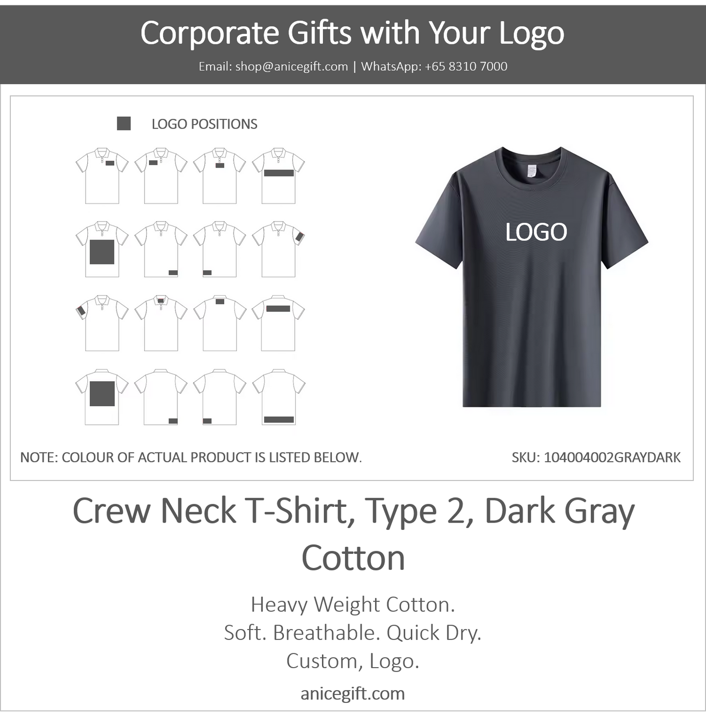 Crew Neck T-Shirt, Type 2, Dark Gray | Cotton