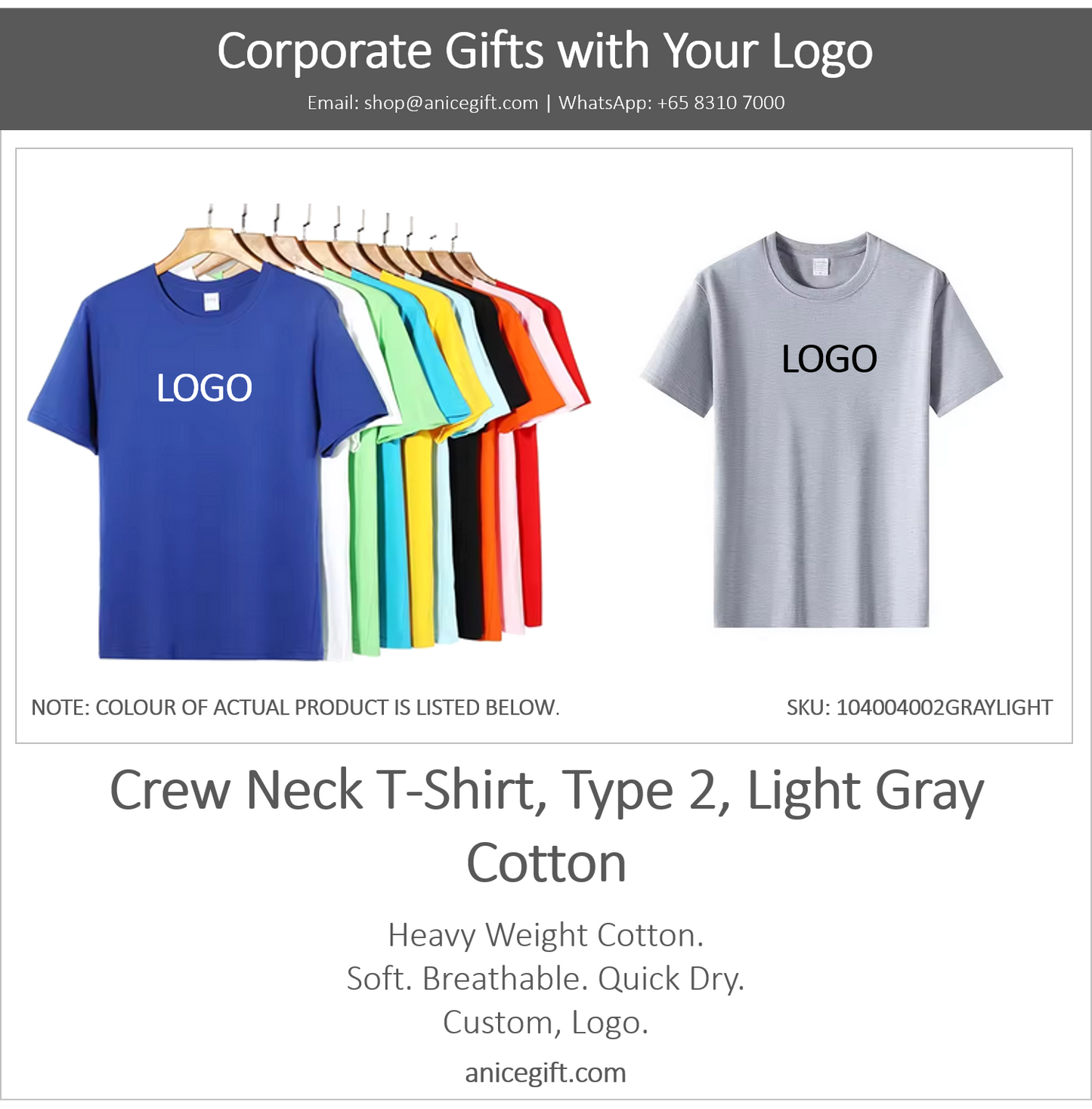 Crew Neck T-Shirt, Type 2, Light Gray | Cotton
