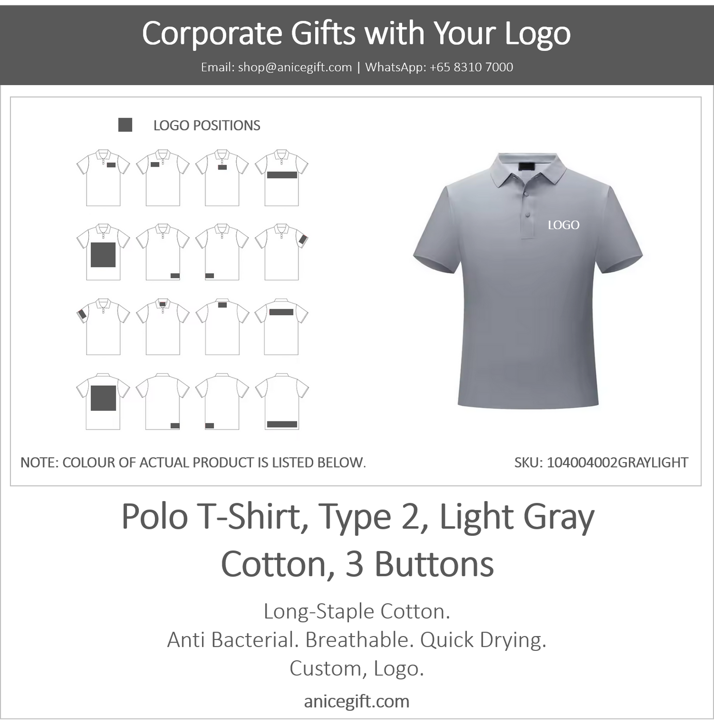 Polo T-Shirt, Type 2, Light Gray | Cotton, 3 Buttons