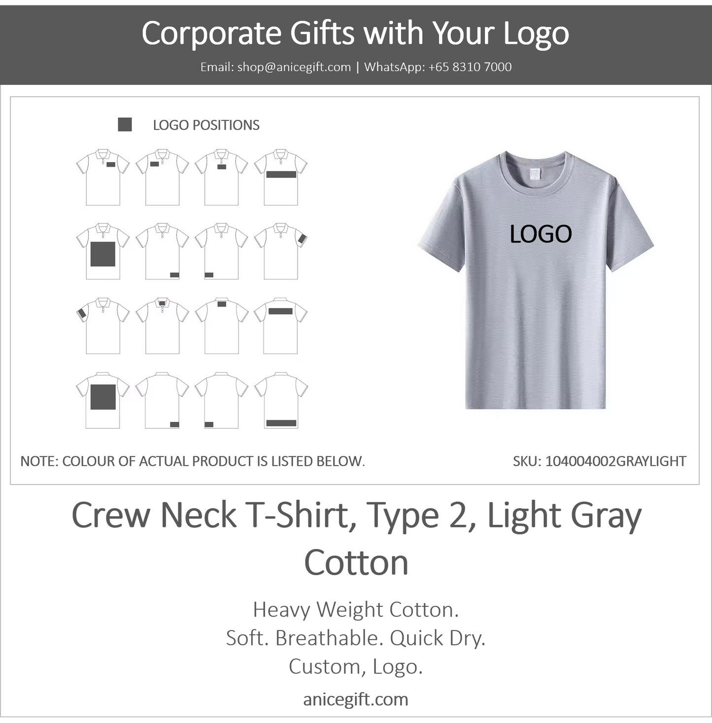 Crew Neck T-Shirt, Type 2, Light Gray | Cotton