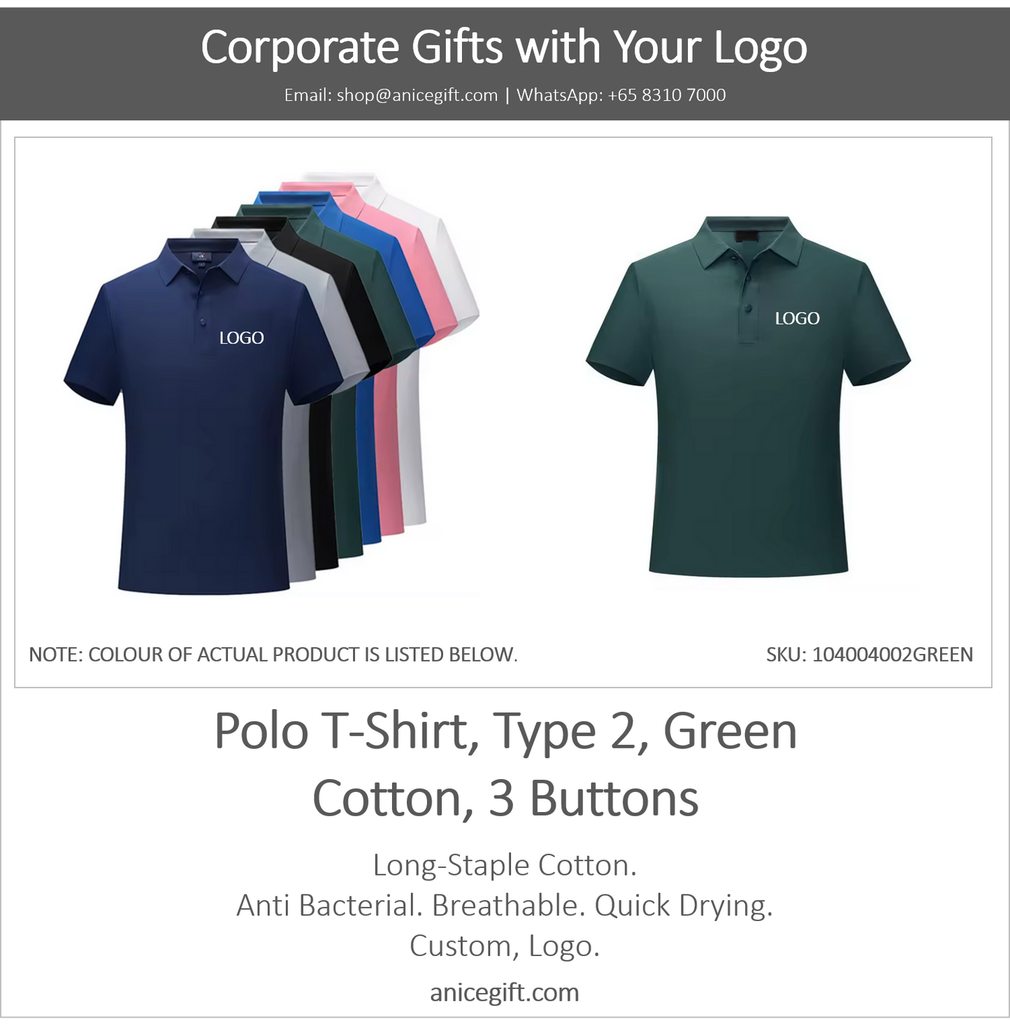 Polo T-Shirt, Type 2, Green | Cotton, 3 Buttons