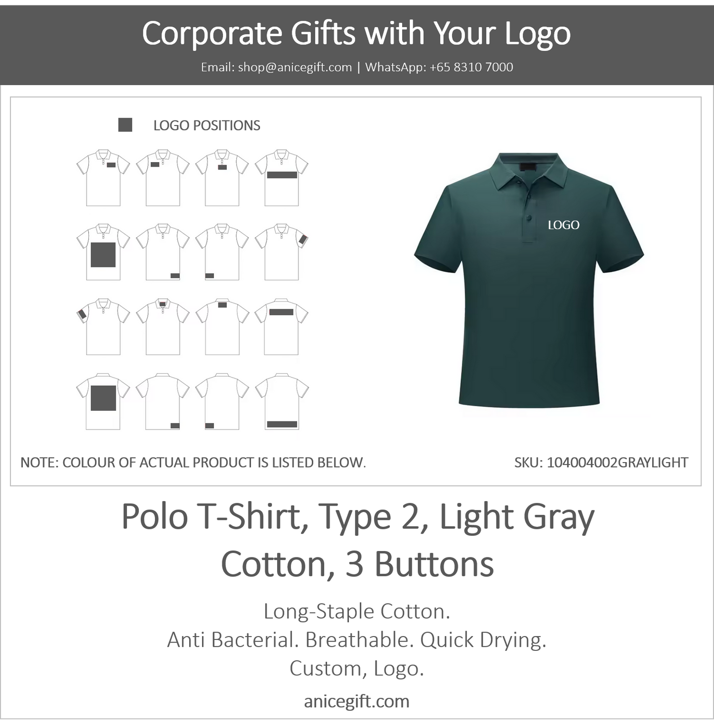 Polo T-Shirt, Type 2, Green | Cotton, 3 Buttons