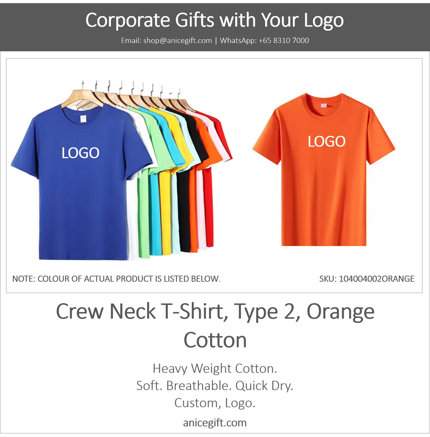 Crew Neck T-Shirt, Type 2, Orange | Cotton