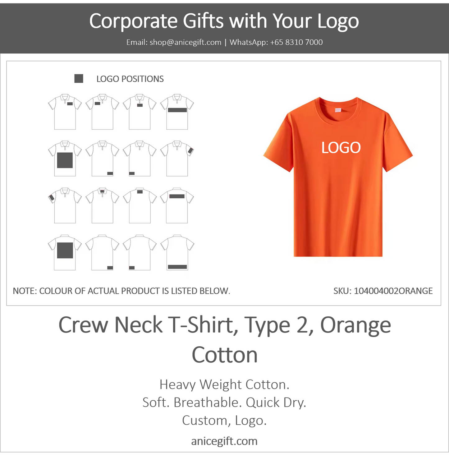 Crew Neck T-Shirt, Type 2, Orange | Cotton