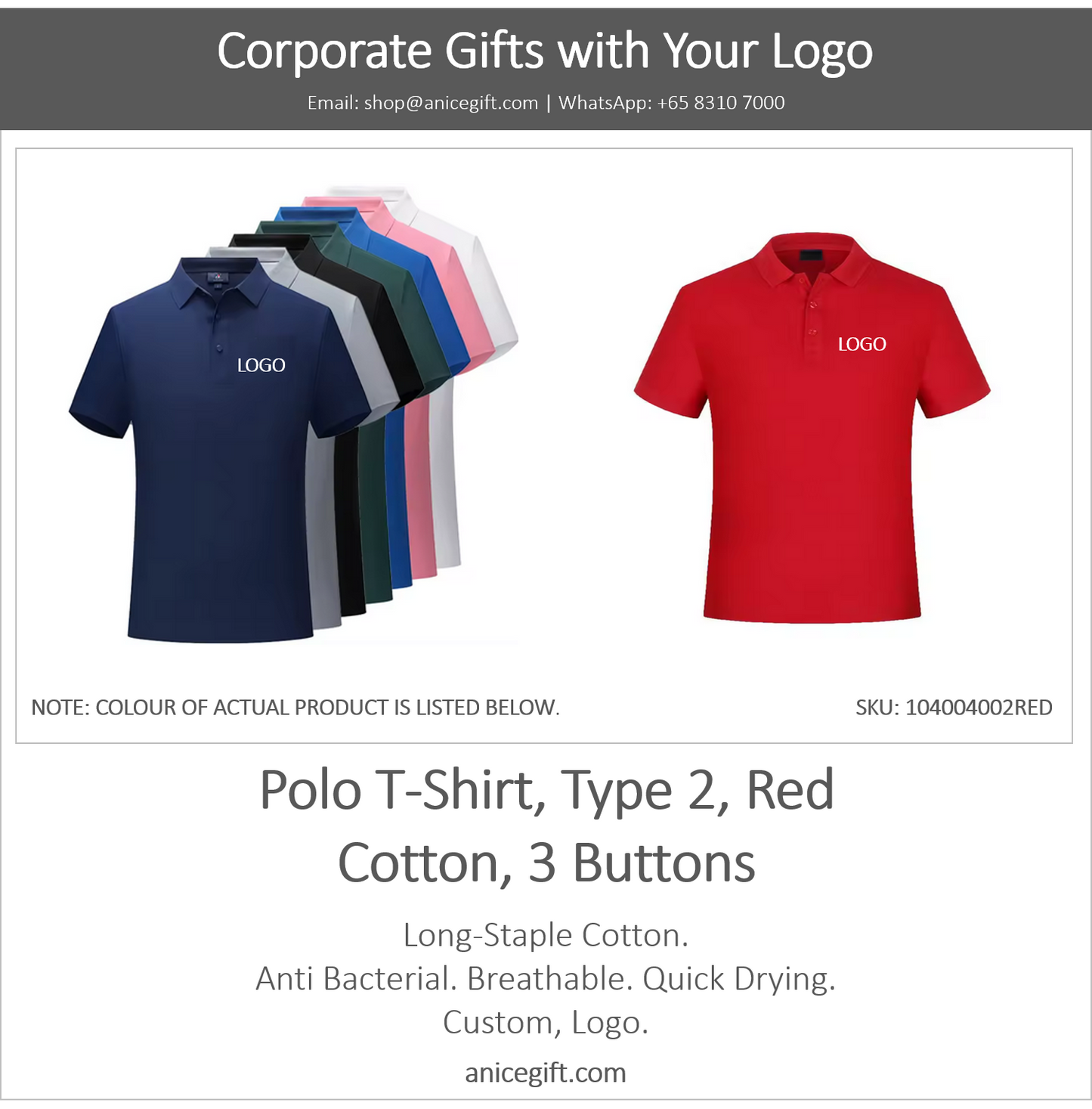 Polo T-Shirt, Type 2, Red | Cotton, 3 Buttons