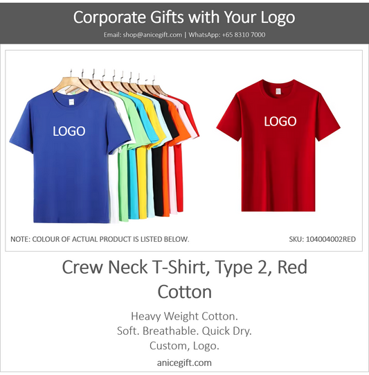 Crew Neck T-Shirt, Type 2, Red | Cotton