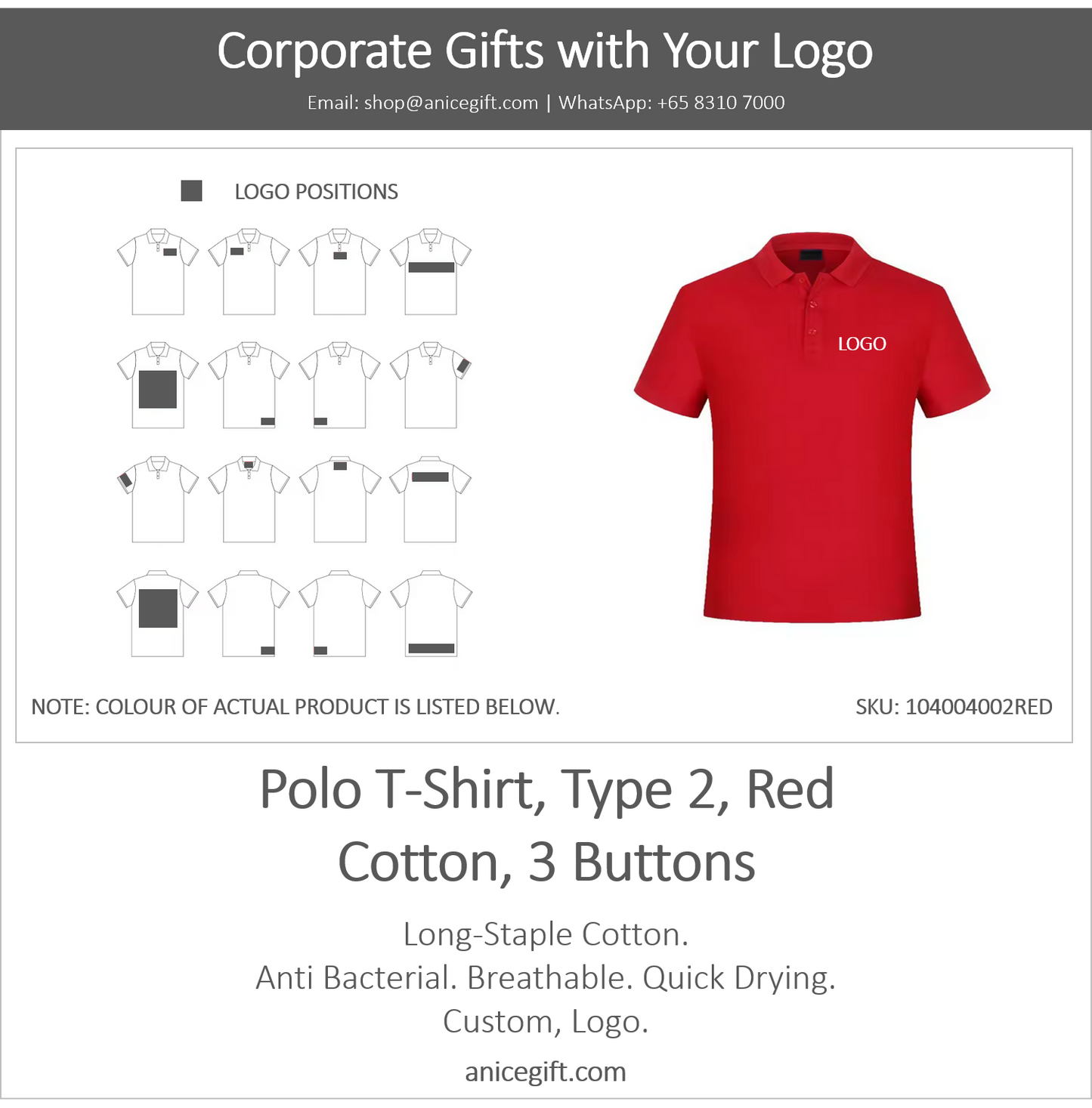 Polo T-Shirt, Type 2, Red | Cotton, 3 Buttons