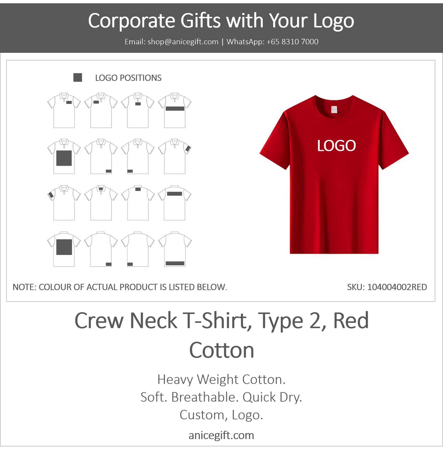 Crew Neck T-Shirt, Type 2, Red | Cotton