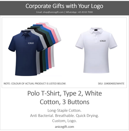 Polo T-Shirt, Type 2, White | Cotton, 3 Buttons
