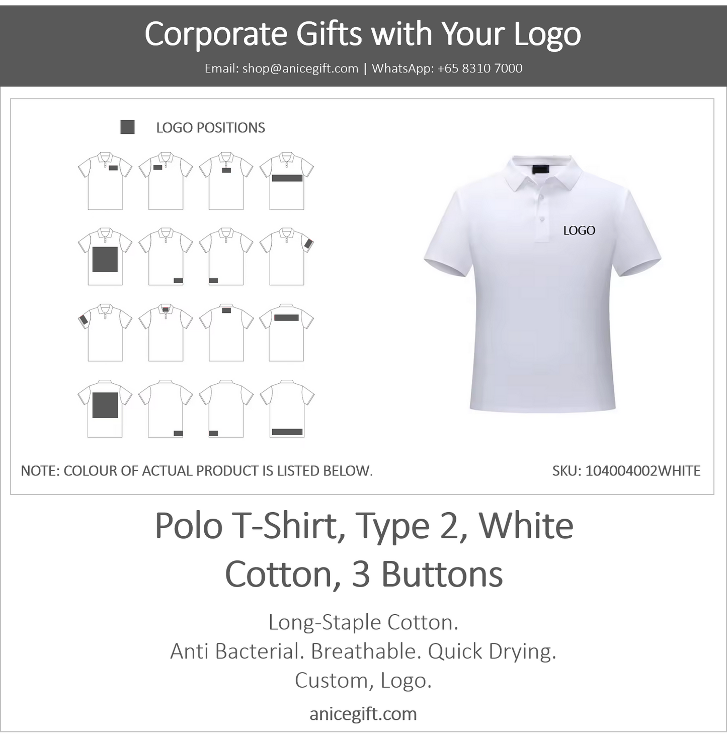 Polo T-Shirt, Type 2, White | Cotton, 3 Buttons