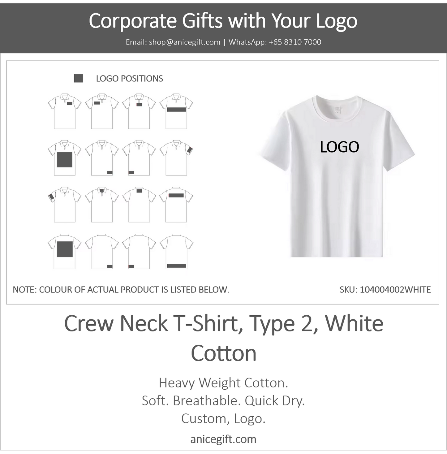 Crew Neck T-Shirt, Type 2, White | Cotton