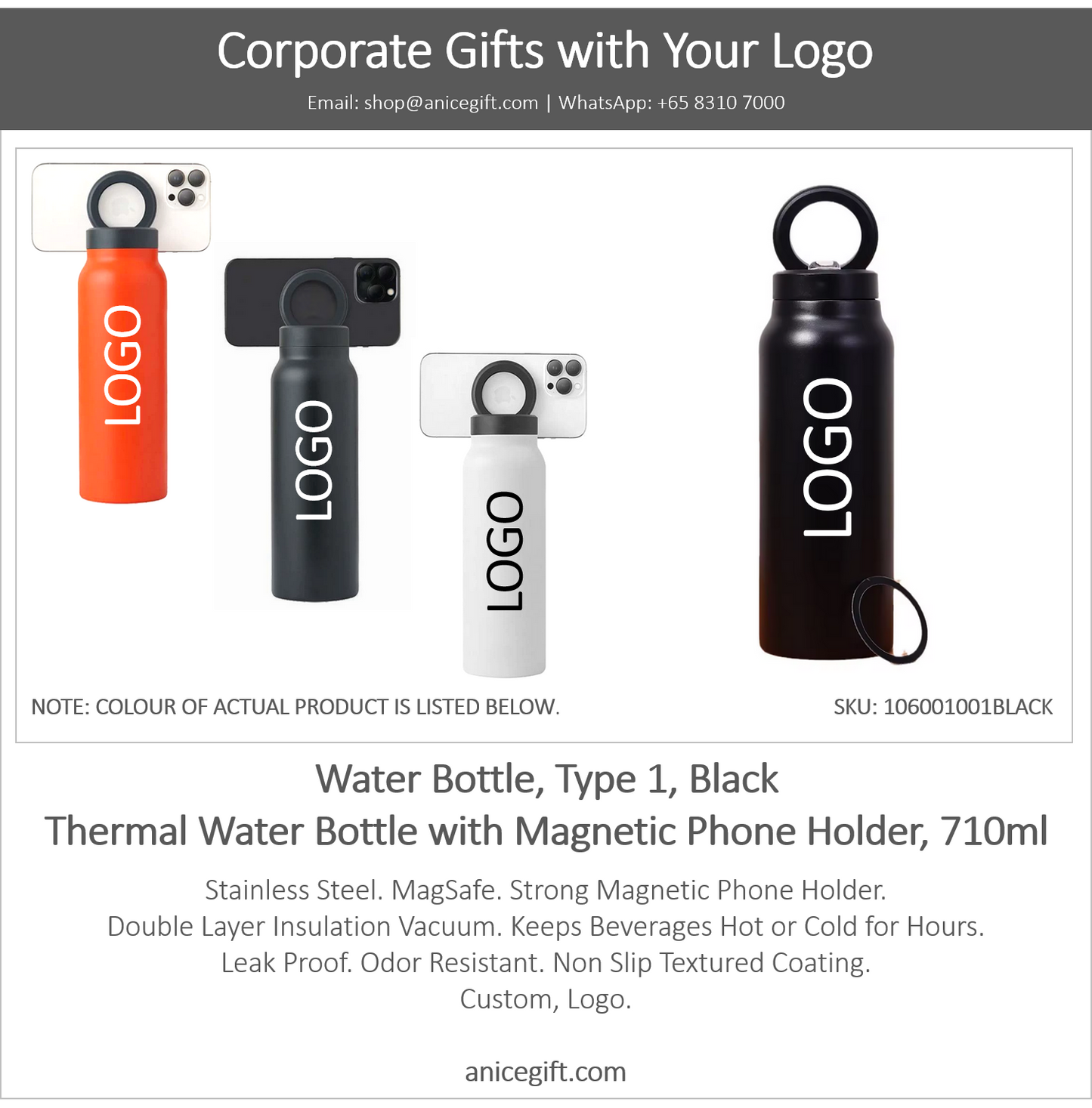 Water Bottle, Type 1, Black | Thermal Water Bottle with Magnetic Phone Holder, 710ml