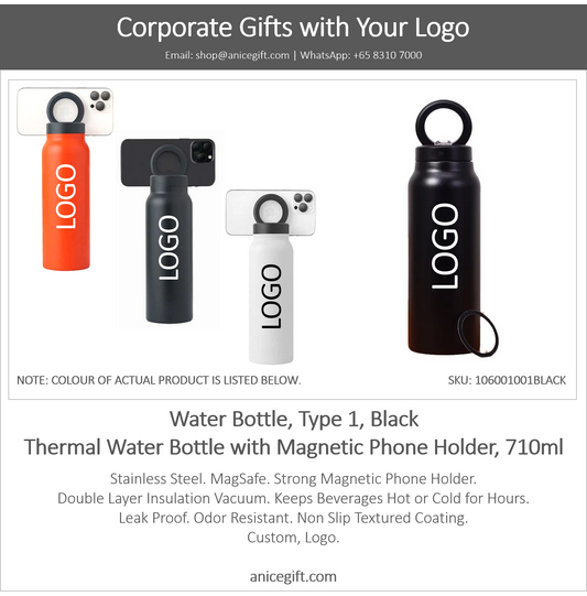 Water Bottle, Type 1, Black | Thermal Water Bottle with Magnetic Phone Holder, 710ml