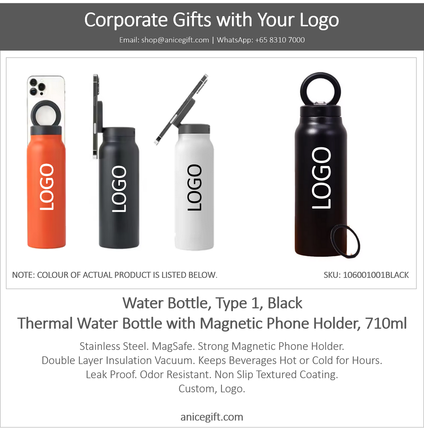 Water Bottle, Type 1, Black | Thermal Water Bottle with Magnetic Phone Holder, 710ml