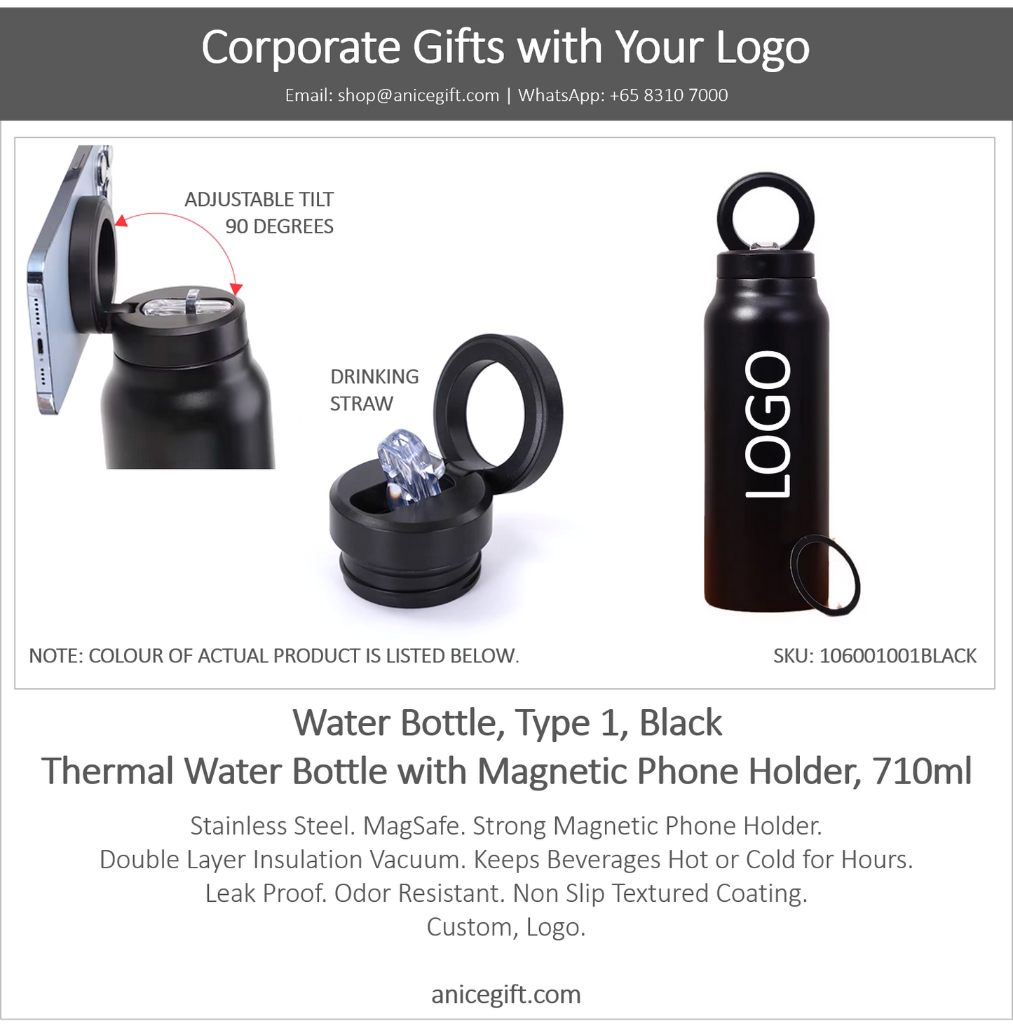 Water Bottle, Type 1, Black | Thermal Water Bottle with Magnetic Phone Holder, 710ml